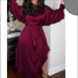 Solid Ballon Sleeves Asymmetrical Midi Dress